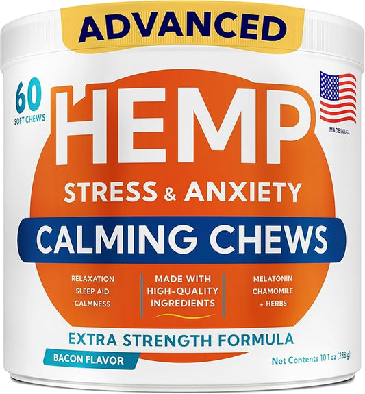 Advanced Calming Chews for Dogs - Hemp Treat + Melatonin + Valerian - Relaxing Bites - Calming Care - Anti-Anxiety & Stress Relief - Made in USA - Calm, Sleep Aid, Storms - 60Ct