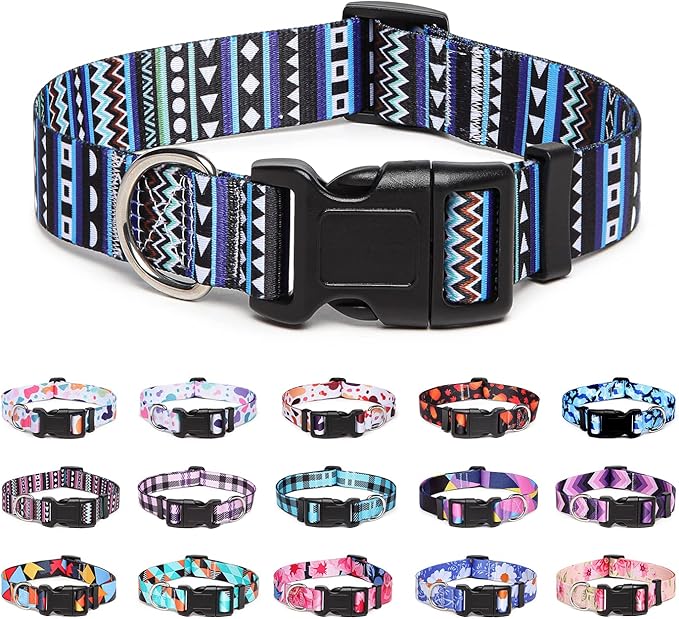 Adjustable Dog Collar with Patterns, Ultra Comfy Soft Nylon Breathable Pet Collar for Small Medium Large Dogs (S, Bohemian Blue)