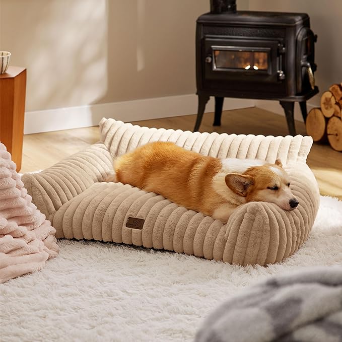 Bedsure Cute Pet Couch - Fluffy Dog Sofa with Premium Soft Corduroy Fleece, Dog Couch Bed with Washable Cover, Supportive for Medium Large Dogs, 36" L, Tuscan Beige