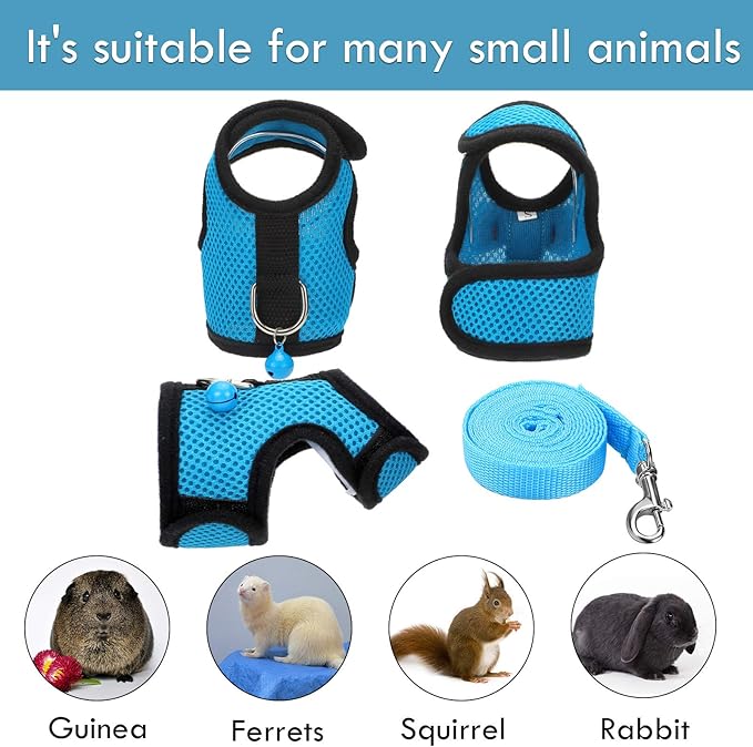 SATINIOR 2 Pieces Guinea Pig Clothes Baby Ferret Rats Hamster Soft Mesh Harness Leash Vest Set with Bell for Guinea Pigs, Hamster, Ferret, Rabbit, Chinchilla and Similar Small Animals(Blue, Black,M)