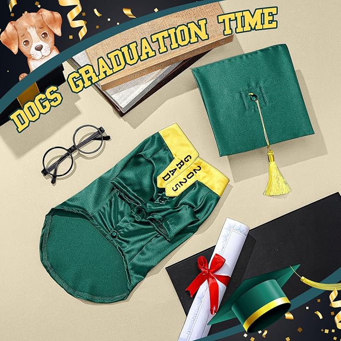 5 Pcs Dog Graduation Costume Set Include 2025 Pet Graduation Gown with Stole Puppy Grad Cap Lensless Glasses DIY Letter Stickers for Dogs Cats Holiday Costume Accessory(Green Yellow,XL)