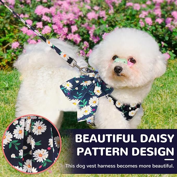BAEJMJK Dog Harness and Leash Set with Bow Knot No Pull Pet Daisy Floral Harness with D-Ring Soft Mesh Dog Harness Vest Set Escape Proof Princess Puppy Harness for Small Girl Dogs Cats(Navy Blue S)