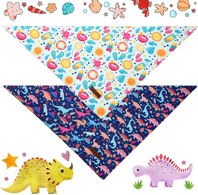 Unique Style Paws Dog Spring Bandanas 2Pcs Washable Cotton Triangle Summer Lemon Dinosaur Puppy Scarfs for Small Medium Large Dogs and Cats