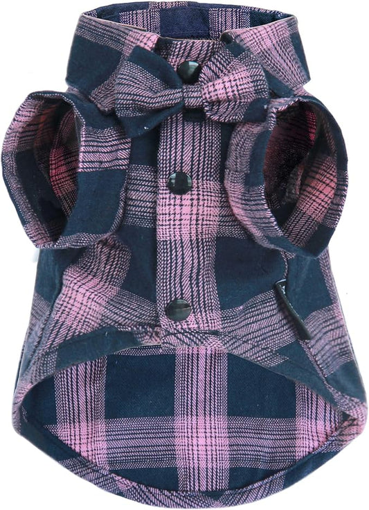 Soft Casual Dog Plaid Shirt,Gentle Dog Western Shirt Pet Clothes, Dog Cotton Shirt with Bow Tie for Wedding,Christmas Costumes (Pink&Blue, Medium)