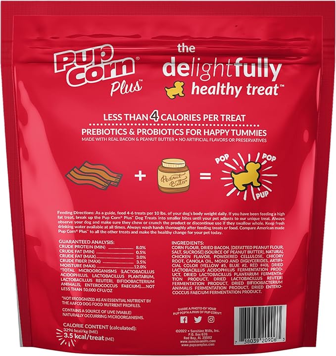 Pup Corn Plus - Puffed Dog Treats with Prebiotics and Probiotics - Bacon & Peanut Butter (4oz) - Made in USA