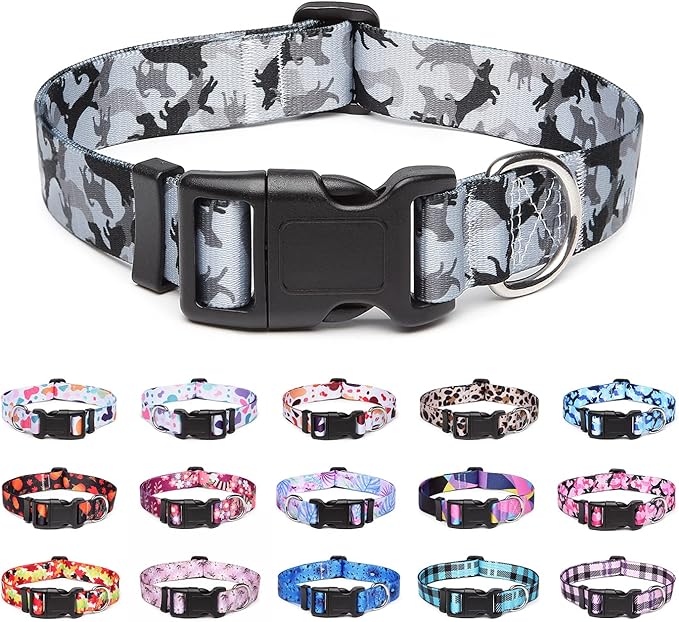 Adjustable Dog Collar with Patterns, Ultra Comfy Soft Nylon Breathable Pet Collar for Small Dogs (XS, Dog Camouflage Grey)