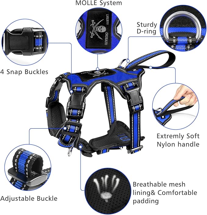 WINSEE Pet Harness Collar and Leash Set, All-in-one Reflective Dog Harness No Pull with Adjustable Buckles for Puppies, Small, Medium, Large, and Extra-Large Dogs (Medium, Dark Blue)