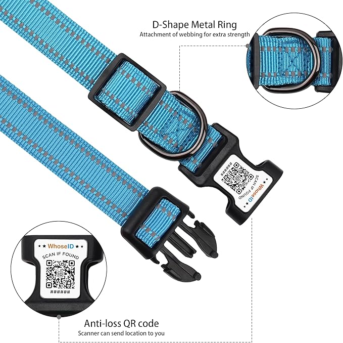 Dog Collar with QR Code, Reflective Dog Collar, Soft Neoprene Padded & Safety Locking Buckle Adjustable Pet Collar (Blue, M-with Airtag Holder)