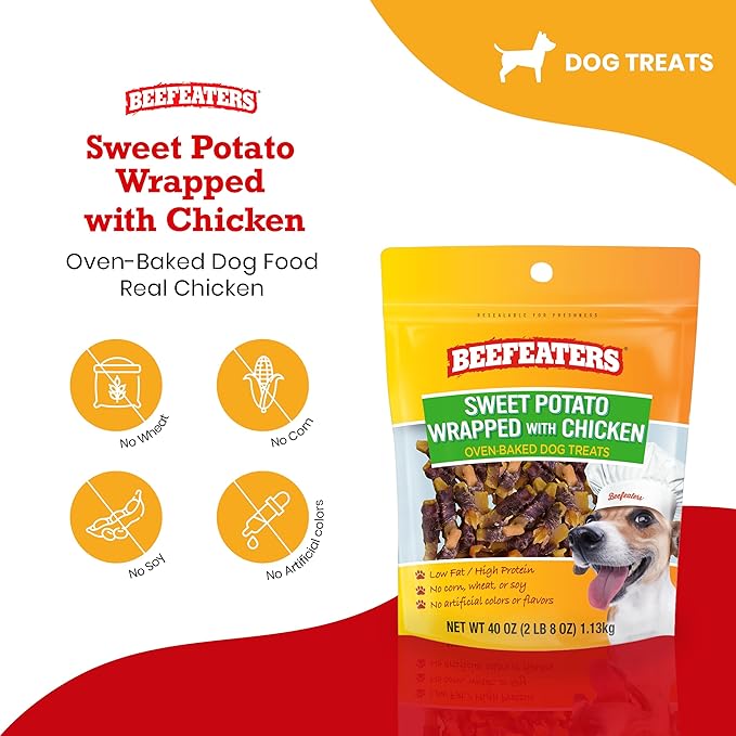Beefeaters Sweet Potato Wrap with Chicken 40oz – Dog Treat. No Corn, Wheat, Soy or Gluten, Low Fat, Whole Muscle Jerky, Ideal for Training & Snacks