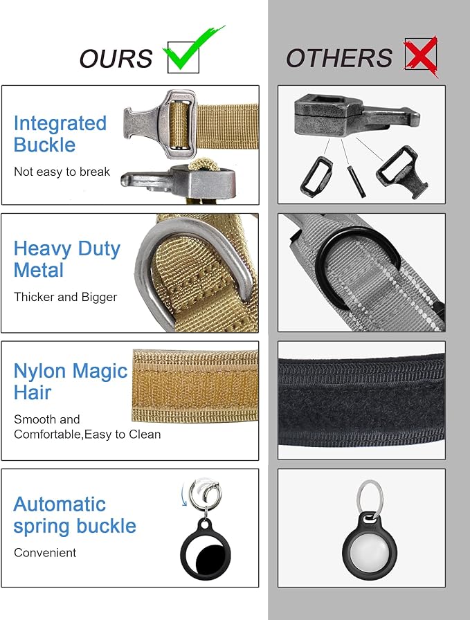 Hotsky Tactical Dog Collar, Adjustable Military Training Nylon Airtag Collar with Handle and Heavy Duty Metal Buckle for Medium Large Dogs, with Airtag Holder and Two Patches(Brown,M)