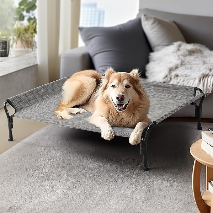Veehoo Cooling Elevated Dog Bed, XL Raised Pet Cot with Guardrail & Slope Headrest, Durable Breathable Teslin Mesh, Non-Slip Feet, Washable Dog Couch Bed for Indoor & Outdoor, X Large, Black Silver