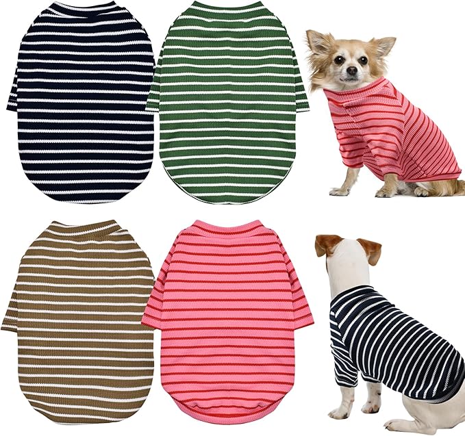 4 Pack Striped Dog Shirts Waffle Dog Clothes for Small Medium Dogs, Stretchy Dogs Boy Girl Dog T-Shirts Lightweight, Soft and Breathable Puppy Kitten Dog Shirts for Chihuahua