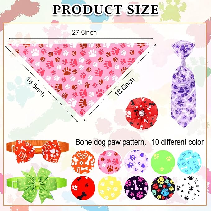 Hosuly 50 Pcs Funny Dog Bandana Collar Set Include 10 Bow Tie 10 Necktie Collar 10 Pet Scarf 10 Bow Flowers 10 Hexagonal Bowtie Cat Dog Grooming Accessories for Festival Photography(Paw Bone)
