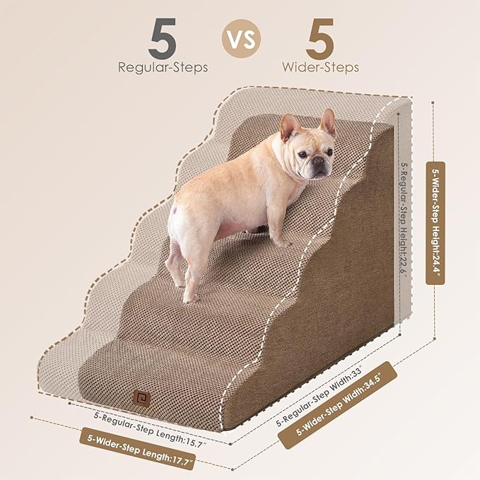 EHEYCIGA Curved Dog Stairs Ramp for High Beds, 5-Step Extra Wide Dog Steps for Small Dogs and Cats, Pet Stairs for High Bed Climbing, Non-Slip Balanced Pet Step Indoor, Camel