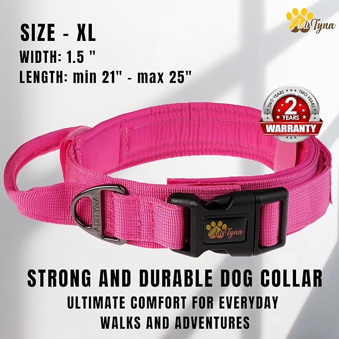 ADITYNA Tactical Dog Collar for Extra-Large Dogs - Soft Padded, Heavy Duty, Adjustable, Military, Big Pink Collar with Handle for Training and Walking