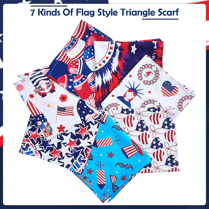 4th of July Dog Bandanas for Small Dogs Cats Patriotic Dog Bandanas 7 Pcs Independence Day Flag Day Adjustable Puppy Scarves Grooming S