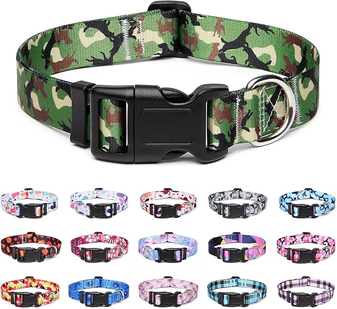 Adjustable Dog Collar with Patterns, Ultra Comfy Soft Nylon Breathable Pet Collar for Small Medium Large Dogs (S, Dog Camouflage Green)