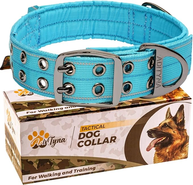 ADITYNA Heavy Duty Dog Collar for Extra-Large Dogs - Reflective Blue Collar with Handle for Training, and Walking - Wide, Thick, Tactical, Soft Neoprene Padded