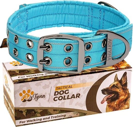 ADITYNA Heavy Duty Dog Collar for Extra-Large Dogs - Reflective Blue Collar with Handle for Training, and Walking - Wide, Thick, Tactical, Soft Neoprene Padded