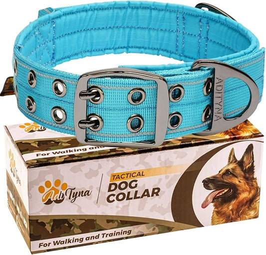 ADITYNA Heavy Duty Dog Collar for Medium Dogs - Reflective Blue Collar with Handle for Training, and Walking - Wide, Thick, Tactical, Soft Neoprene Padded