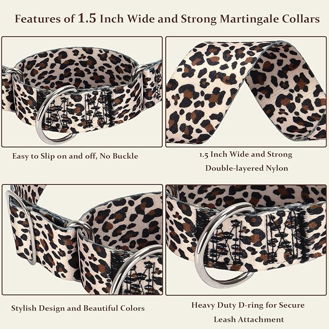 1.5 Inches Martingale Collar for XL Dogs,Wide Adjustable Heavy Duty Training Collars with Leopard Pattern,No Slip Dog Collar Perfect for Training,Walking, Hunting(Leopard XL)