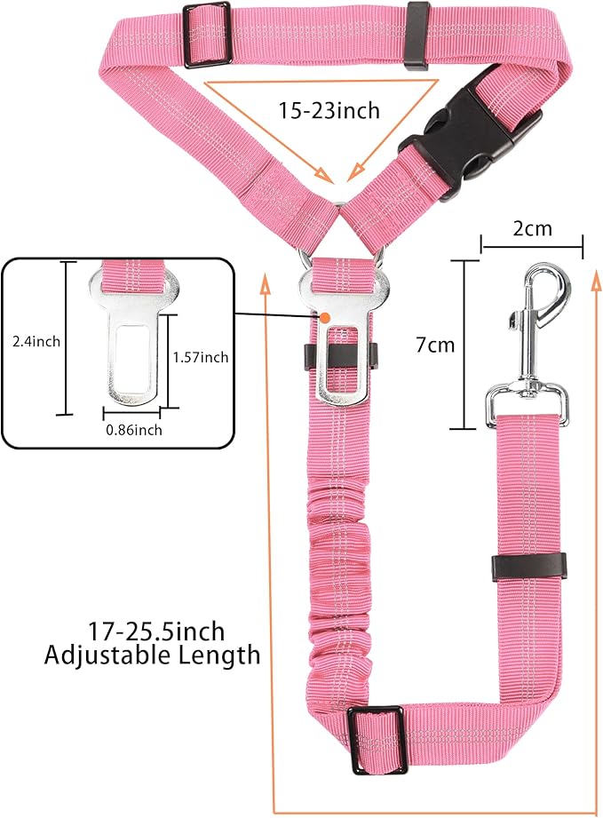 YAOHDAO Dog Seat Belt Harness for Car, Restraint Adjustable with Elastic Bungee Buffer Headrest for Vehicle, 360 Degree Swivel Nylon Pet Safety Seat Belts Heavy Duty Car Harness for Dogs (Pink)