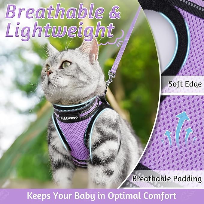rabbitgoo Cat Harness and Leash Set for Walking Escape Proof, Adjustable Soft Kittens Vest with Reflective Strip for Cats, Comfortable Outdoor Vest, Light Purple, XL