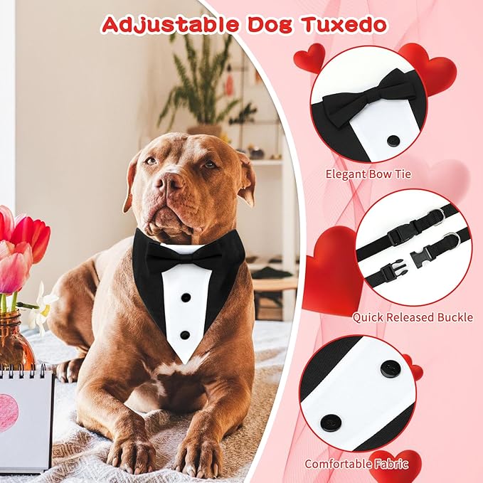 Valentine's Day Dog Costume Dog Cowboy Hat Formal Dog Tuxedo Bandanas and Rose Gift, Medium Large Dog Valentines Day Outfit with Pet Cowboy Hat and Adjustable Dog Wedding Tuxedo