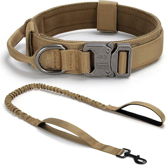 Tactical Dog Collar Set, Adjustable Military Training Nylon Dog Collar with Control Handle and Heavy Quick-Release Metal Buckle for Small Medium Large Dogs, Brown Set L