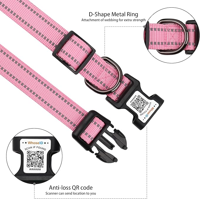 Dog Collar with QR Code, Reflective Dog Collar, Soft Neoprene Padded & Safety Locking Buckle Adjustable Pet Collar (Pink, XS-with Airtag Holder)