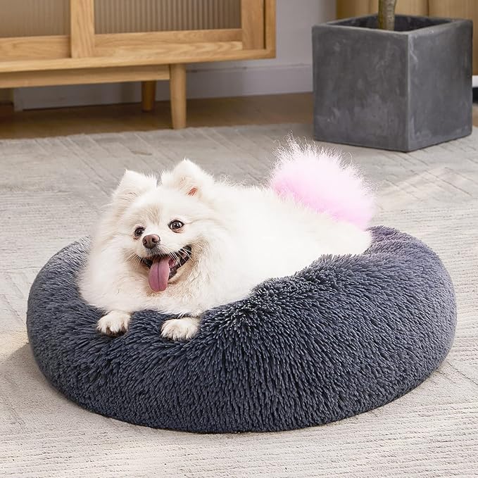 MIXJOY Calming Cat Beds for Indoor Cats, 20'' Kitten Donut Bed for Pet Up to 15lbs, Fluffy Small Cat Cuddler Bed, Anti-Anxiety Plush Faux Fur Large Cat Bed Washable (20'', Grey-Blue)