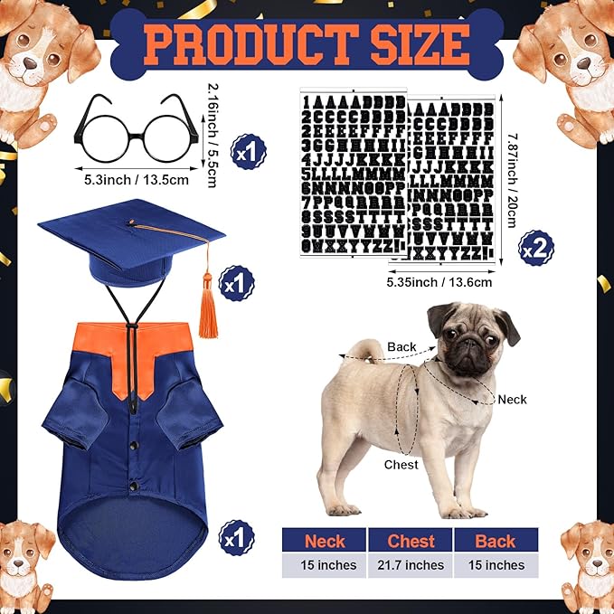 5 Pcs Dog Graduation Costume Set Include 2025 Pet Graduation Gown with Stole Puppy Grad Cap Lensless Glasses DIY Letter Stickers for Dogs Cats Holiday Costume Accessory(Blue Orange,M)