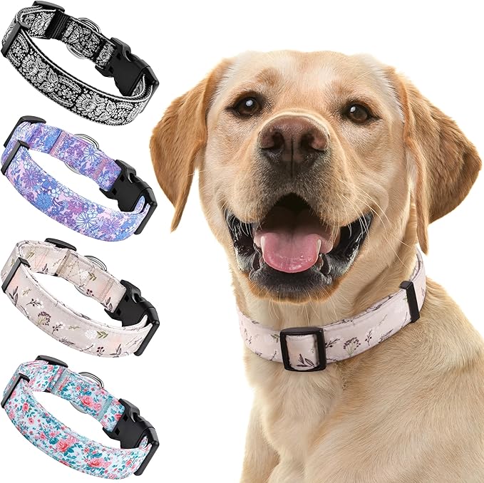 Dog Collar for Medium & Large Dogs - Flowers Cotton Padded Pattern on Long Lasting, Adjustable, Strong and Durable Collars - Choose from Stunning Patterns and Colors