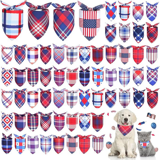 Geyoga 60 Pcs 4th of July Plaid Dog Bandanas Bulk Pet Grooming Scarf Bibs Supplies Adjustable Washable Kerchief Pet Groomer Accessories for Small to Large Cats Dogs Costume Party