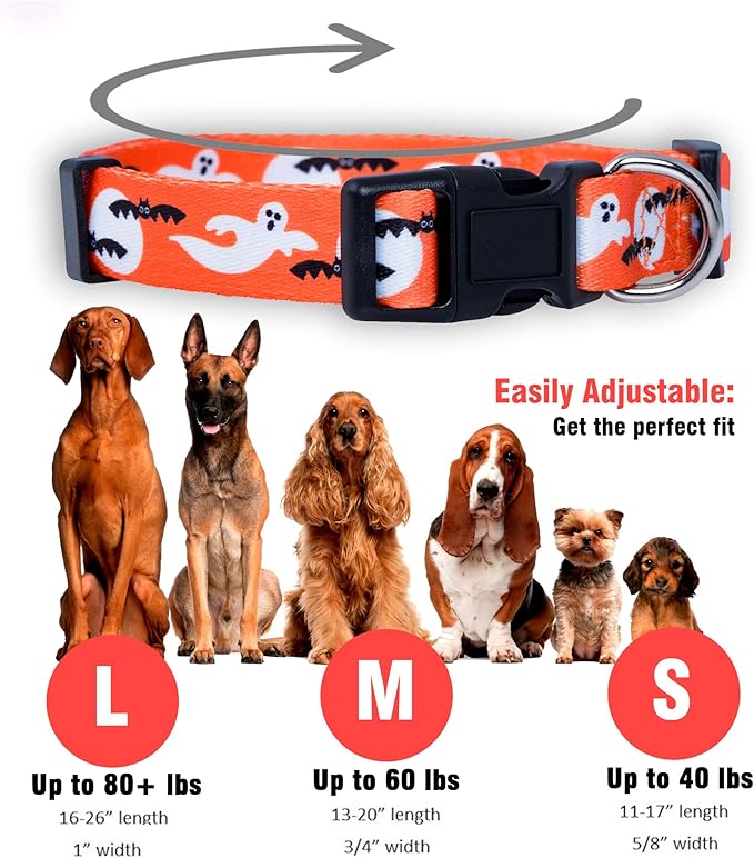 Native Pup Halloween Dog Collar- Spooky Fall Themed Horror Costume Collars- Skull, Pumpkin, Ghost, Bat, Witch, Candy Corn, Spider- Adjustable for Small, Medium, Large Breeds (Medium, Ghosts)