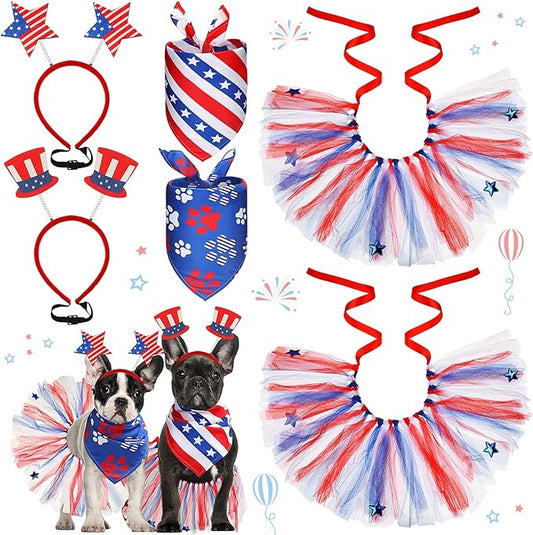 Silkfly 6 Pieces 4th of July Dog Costume Accessories Includes 4th of July Dog Bandanas Puppy Tulle Tutu and Dog Patriotic Headbands for Dogs Independence Day Fourth 4th of July Apparel Accessories