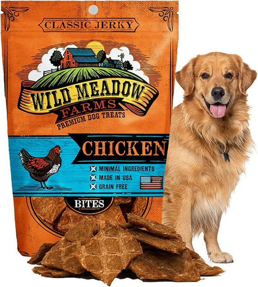 Wild Meadow Farms - Classic Chicken Bites, Soft Jerky Treats for Dogs, Grain-Free & All-Natural, Ideal for Training, Portioning, and High-Value Rewards for All Breeds & Ages - 3.5 Ounce Pouch