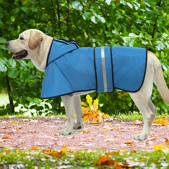 KOOLTAIL Dog Raincoat Hooded Slicker Poncho with Leash Hole, Raincoat for Large Dogs, Waterproof Doggie Rain Jacket with Reflective Strip, Adjustable Breathable Plaid Extra Large Rainwear-Blue Solid