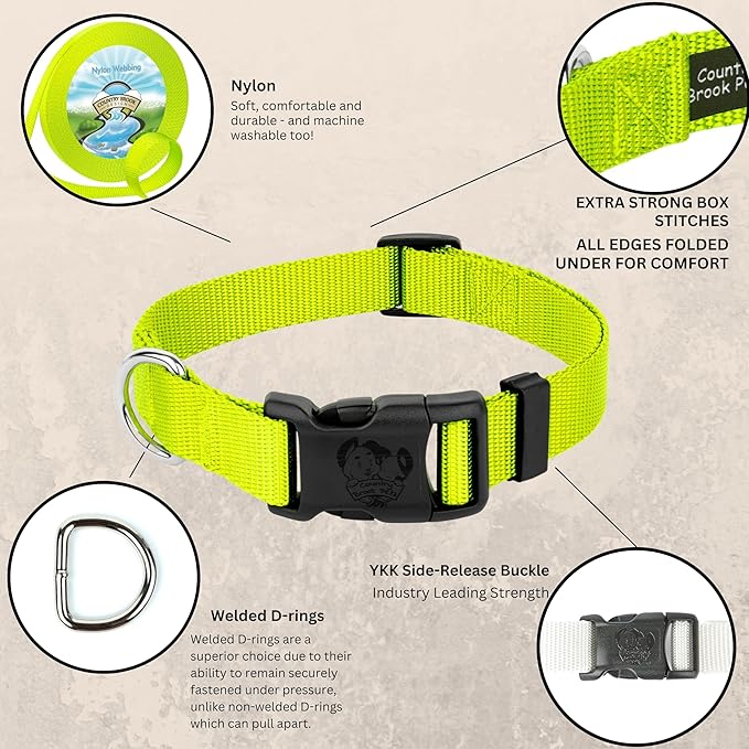 Country Brook Petz - American-Made Dog Collar for Large, Medium, and Small Dogs and Puppies - Deluxe Heavy Duty Nylon in 33 Dazzling Colors (2XS, 3/8 Inch Wide, Hot Yellow)