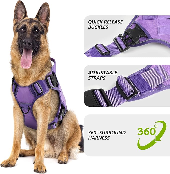 WINGOIN Purple Harness with Handle Tactical Dog Harness for Large Dogs No Pull Adjustable Reflective K9 Military Dog Vest Harnesses for Walking, Hiking, Training(XL)