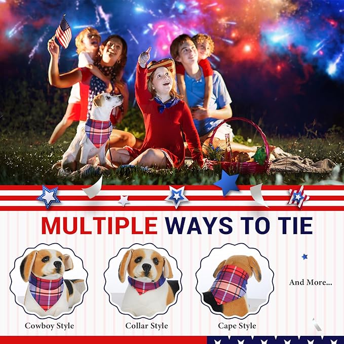 Geyoga 60 Pcs 4th of July Plaid Dog Bandanas Bulk Pet Grooming Scarf Bibs Supplies Adjustable Washable Kerchief Pet Groomer Accessories for Small to Large Cats Dogs Costume Party