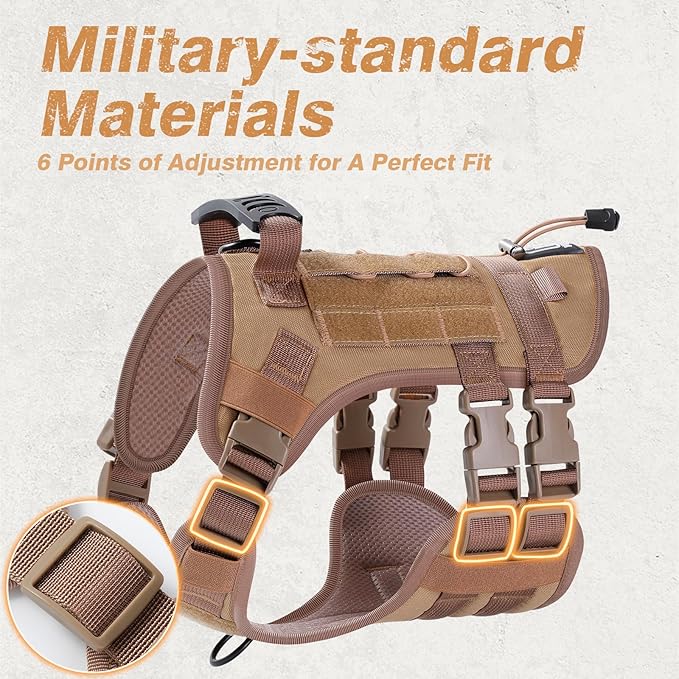 No Pull Tactical Dog Harness for Medium Dogs, Escape Proof Molle Dog Vest Harness and Leash Set, Adjustable Military Service Dog Harness with Handle for Medium Large Dogs(Brown,M)