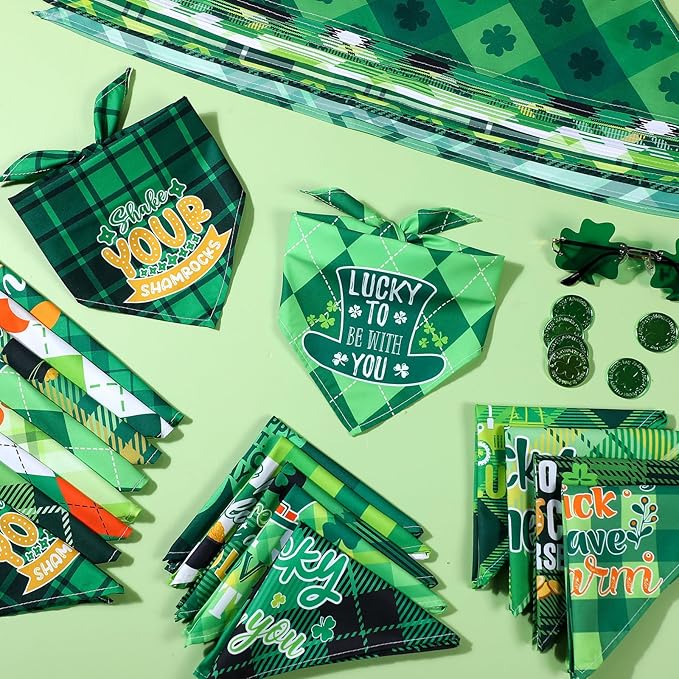 Sweetude 100 Pcs St Patrick's Day Plaid Dog Bandanas Bulk with Sayings Irish Pet Scarf Bibs Adjustable Washable Holiday Costume Accessories Grooming Supplies for Small to Large Cats Dogs
