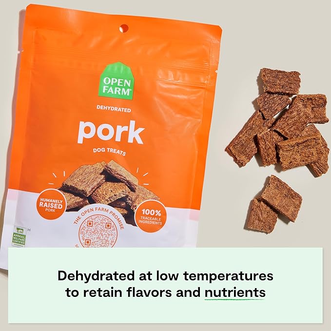 Open Farm, Dehydrated Dog Treats, High Protein & Low Carbohydrate Dog Snacks, Chewy Texture, Made with Ethically & Sustainably Sourced Ingredients, Pork Recipe, 4.5oz Pouch