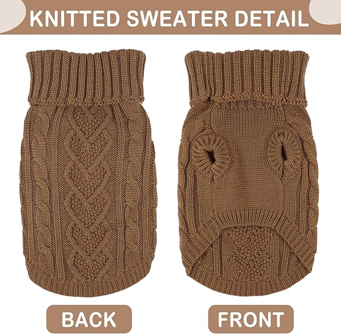 Knitted Sweater for Small Dogs - Warm Turtleneck Pullover, Fall Winter Cat Apparel (Khaki, Medium)