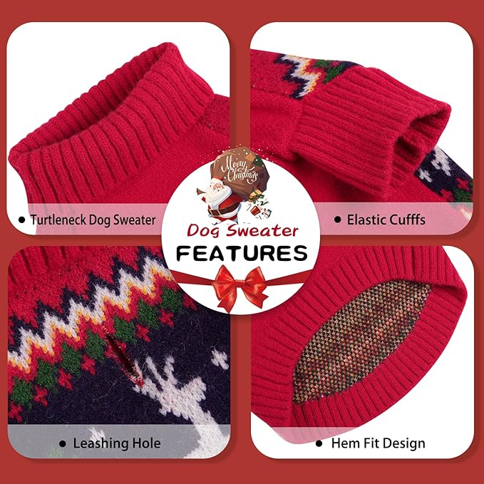 Queenmore Knitted Pullover Christmas Sweater - Turtleneck Dog Christmas Outfit, Warm Dog Sweaters for Small Dogs, Boys or Girls XL