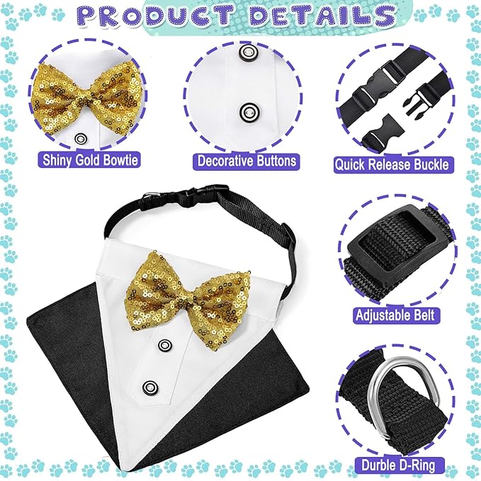 Tuxedo Costume Wedding Bandana Nylon Collar Suit With Gold Bow Tie Adjustable Black Tux Formal Clothes for Small Medium Large Dogs Pet Birthday Christmas Dress Outfits