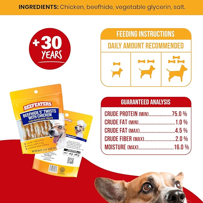 Beefeaters Beefhide 5in Twist with Real Chicken, 26oz – Protein-Rich Dog Treats for Clean Teeth, Ideal for Training & All Dog Sizes
