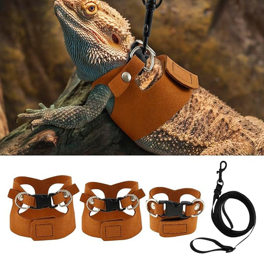 3 Pack Bearded Dragon Harness and Leash Set - Adjustable Soft Leather Lizard Harness 3 Sizes with Leash Small Animal Traction Rope Walking Vest Accessories for Lizards and Other Small Reptiles