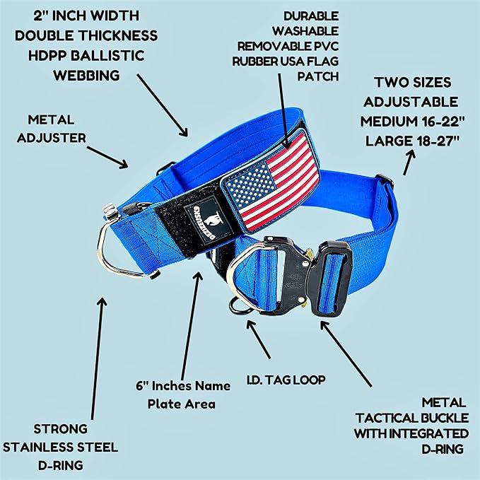Tactical Dog Collar 2 Inch Wide Thick Heavy Duty Military Style with Metal Buckle, Adjustable for Medium - Large Breeds, Durable K9 Training Gear with Patch Area, USA Flag Patch, Strong and Secure Fit